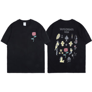 Rose and Graphics Short Sleeve Oversized T-Shirt
