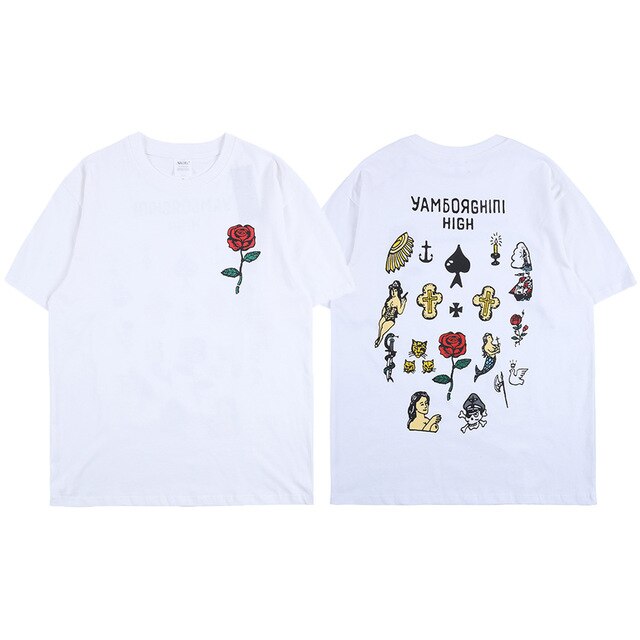 Rose and Graphics Short Sleeve Oversized T-Shirt