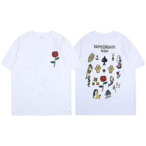 Rose and Graphics Short Sleeve Oversized T-Shirt