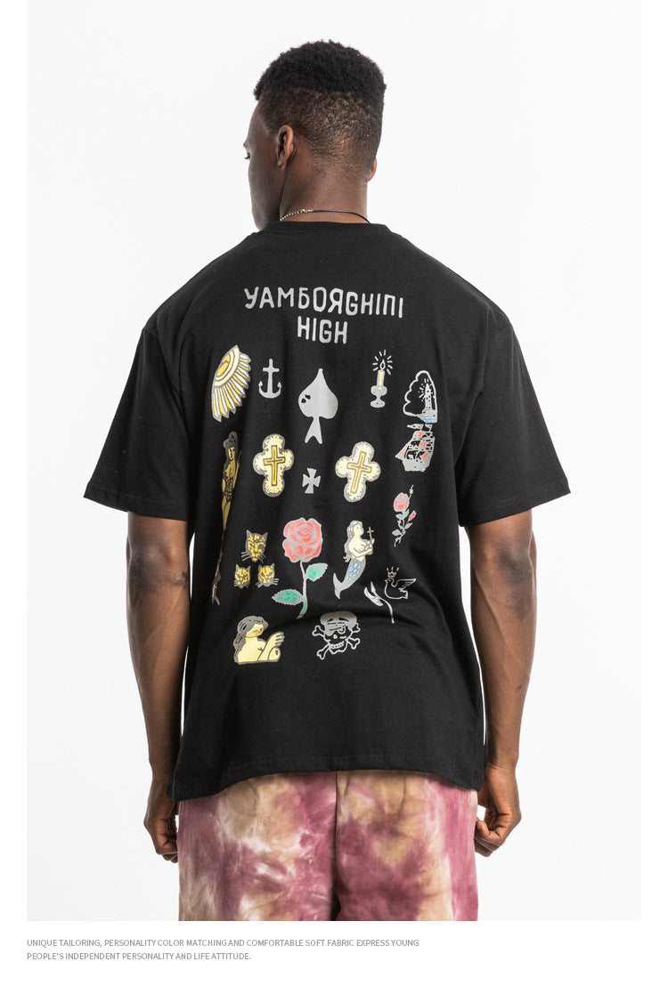 Rose and Graphics Short Sleeve Oversized T-Shirt