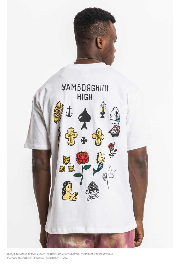 Rose and Graphics Short Sleeve Oversized T-Shirt
