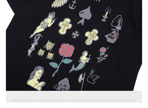 Rose and Graphics Short Sleeve Oversized T-Shirt